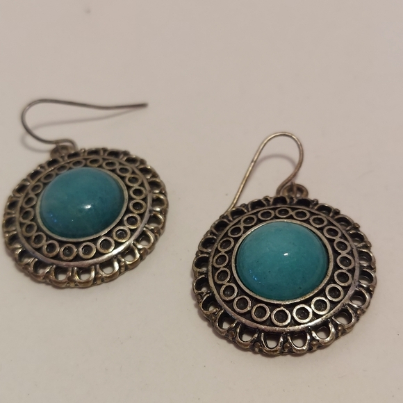 Ornate Silver Tone Costume Earrings w Faux Turquoise Approx 1" Diameter Boho - Picture 6 of 9